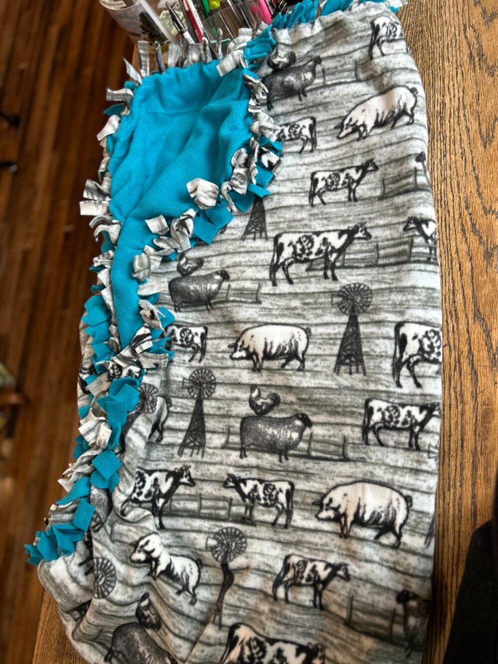 Handmade Farmhouse Animals Fleece Tie Blanket - Large Throw Size